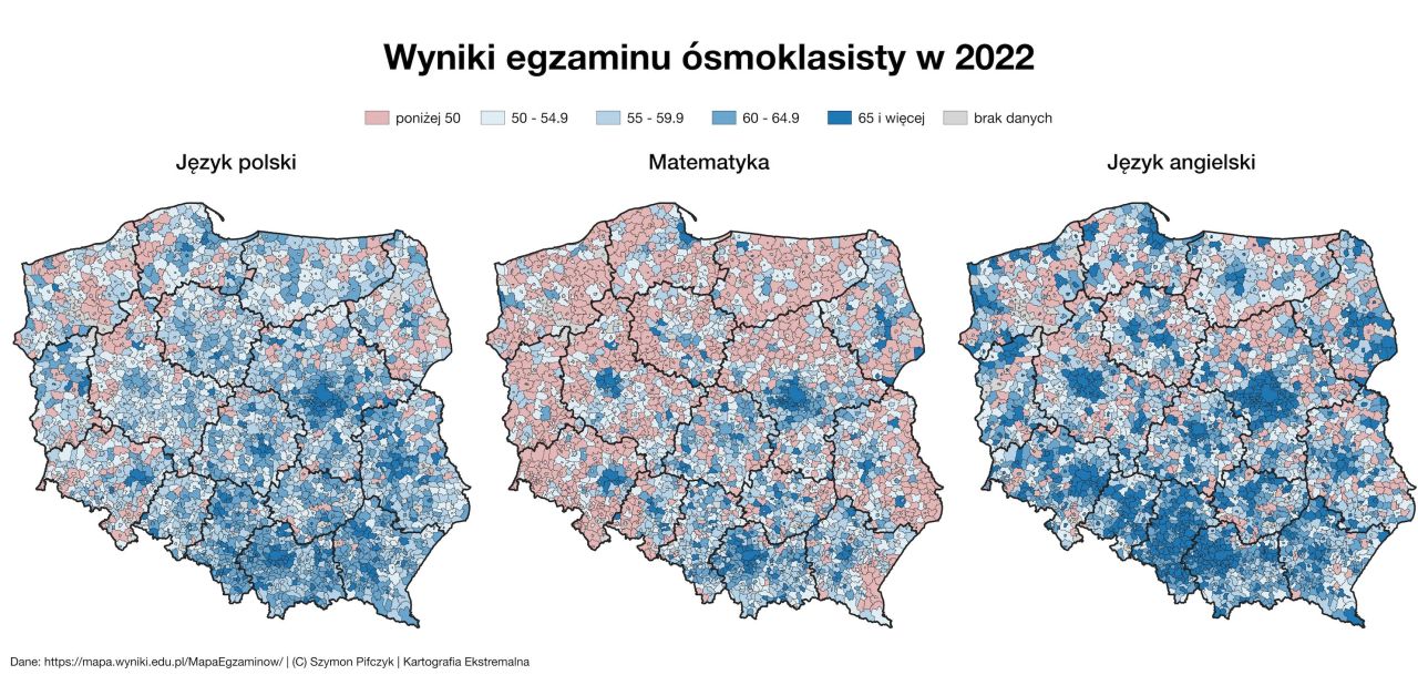 Uśrednione wyniki egzaminu ósmoklasisty z 2022 roku z podziałem na przedmioty i gminy