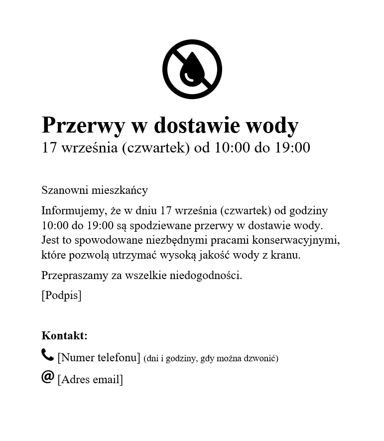 Ogłoszenie o braku wody